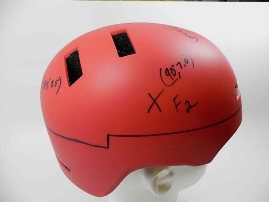 Helmet marked for testing.